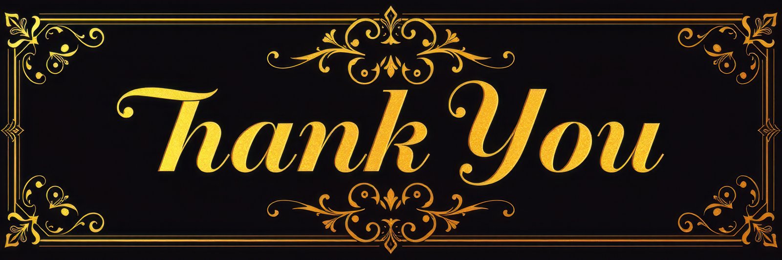 Elegant thank you card design featuring ornate golden lettering on a black background